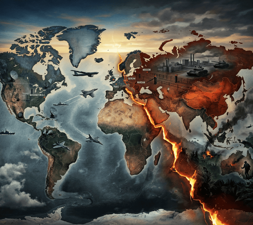 World conflict map labeled Washington D.C., London, Paris, Berlin, Moscow, and Warsaw, with aircraft, tanks, and fiery divide.