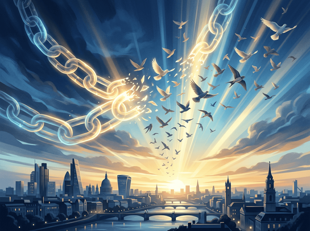 London skyline at sunrise with broken chains and flying birds