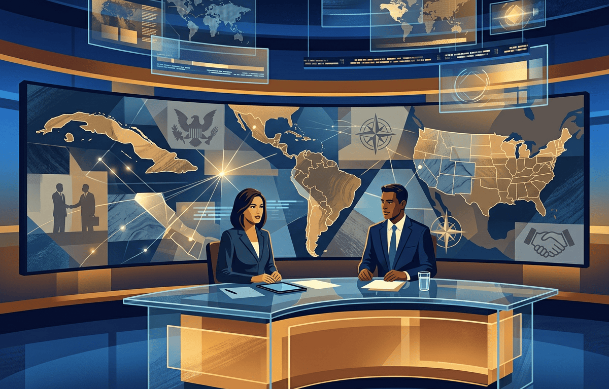 Two news anchors at a desk before maps of the Americas