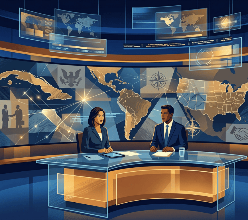 Two news anchors at a desk before maps of the Americas