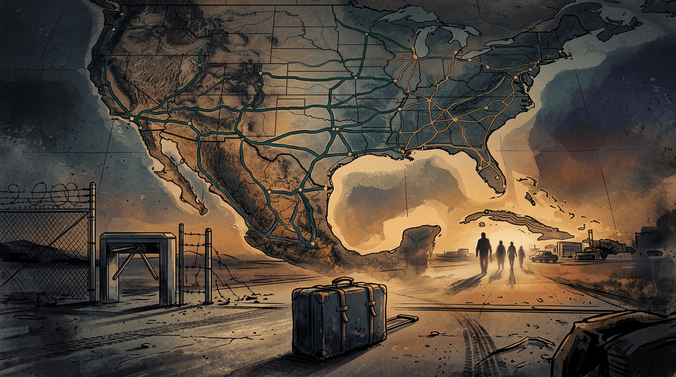Suitcase before a guarded crossing beneath a map of the United States