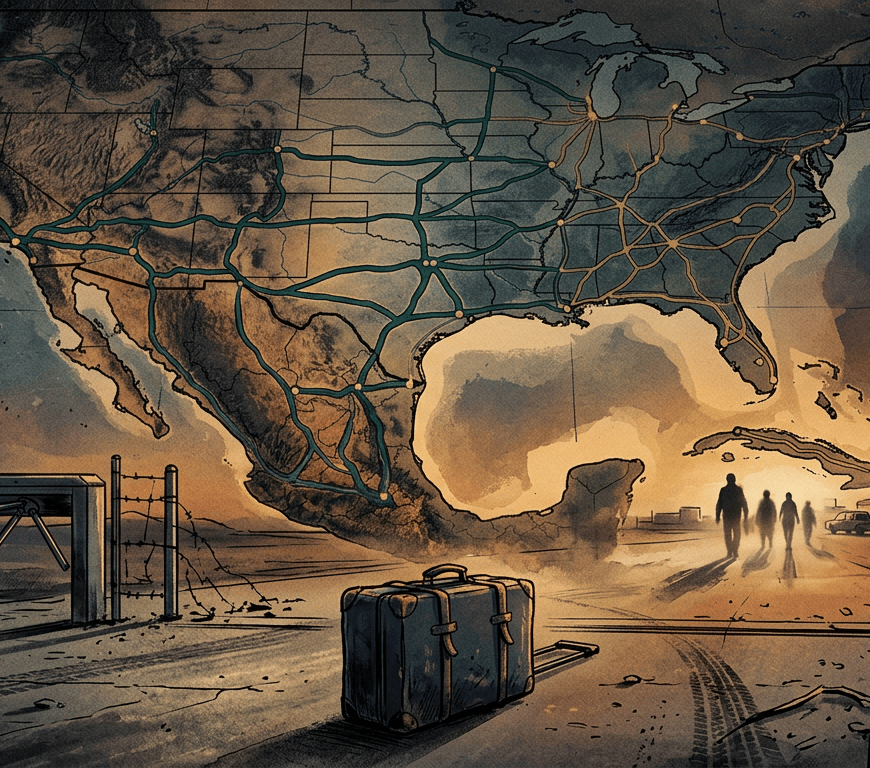 Suitcase before a guarded crossing beneath a map of the United States