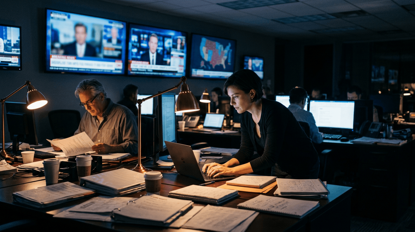 Journalists working at desks in a dim newsroom with television news screens