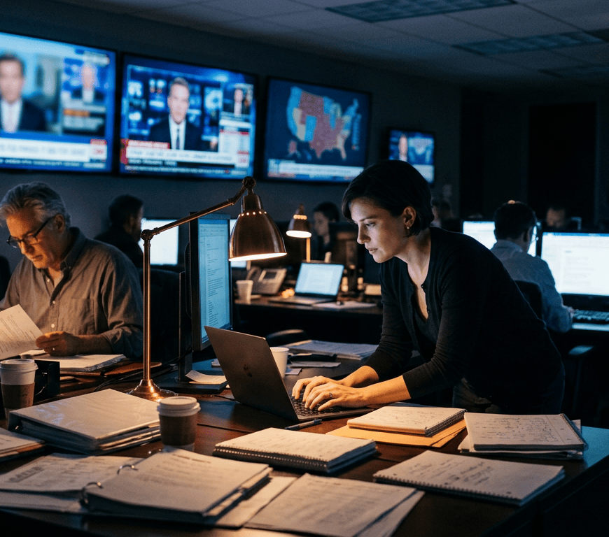 Journalists working at desks in a dim newsroom with television news screens