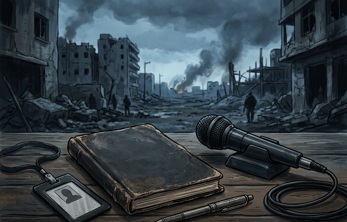 Journalist notebook and press badge amid urban conflict