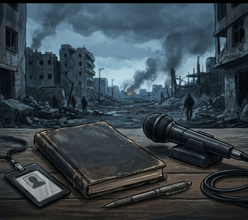 Journalist notebook and press badge amid urban conflict