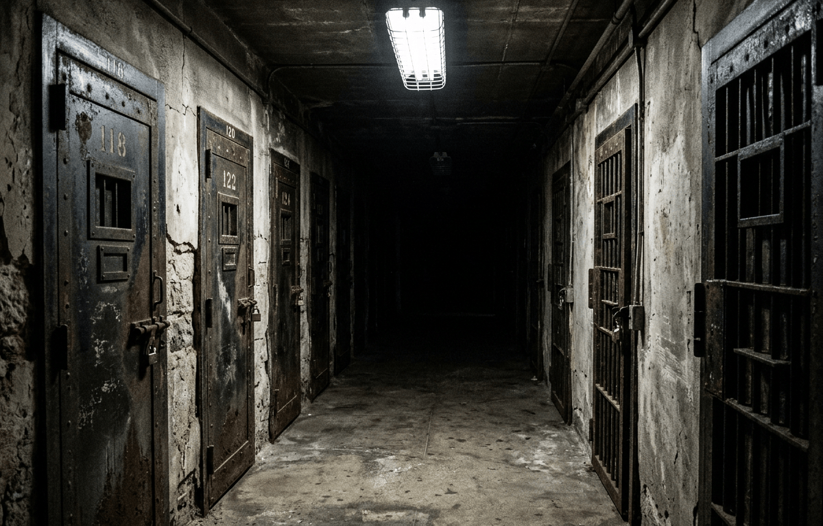 Dark prison corridor lined with numbered metal cell doors and barred gates