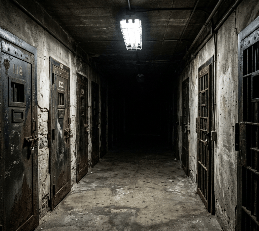Dark prison corridor lined with numbered metal cell doors and barred gates