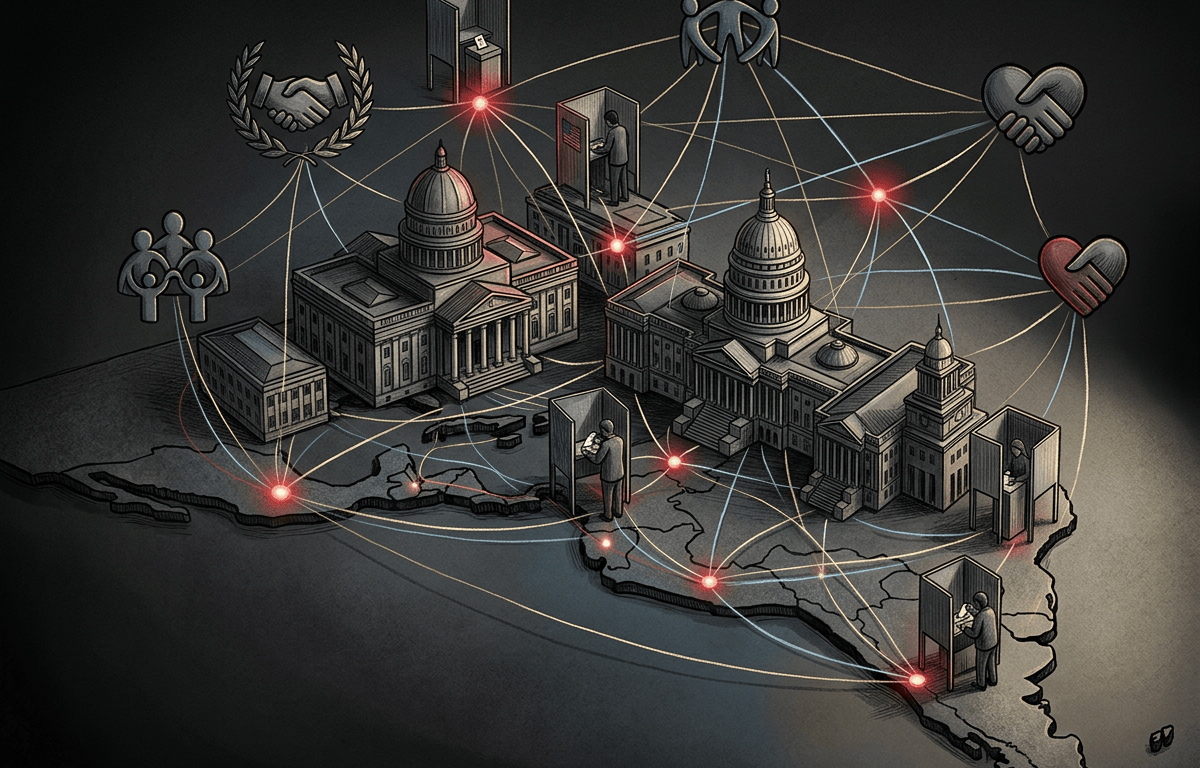 Illustrated map linking government buildings, people, handshakes, and glowing network nodes
