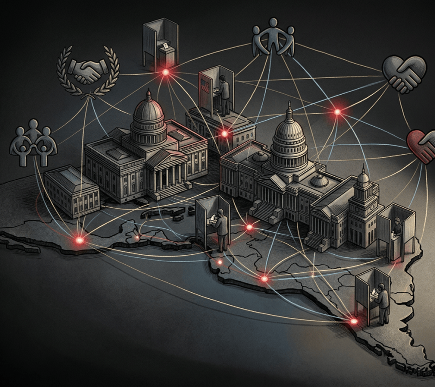 Illustrated map linking government buildings, people, handshakes, and glowing network nodes