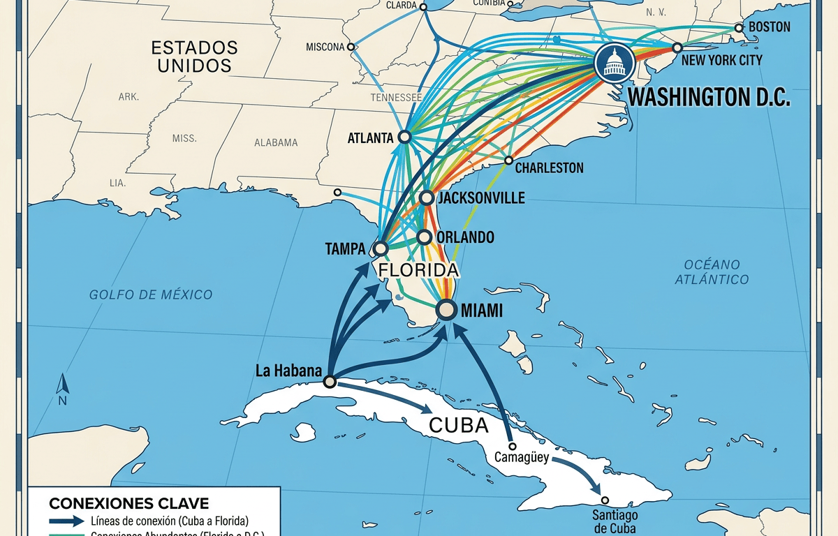 Mapa de conexiones entre Cuba, Florida y ciudades del este estadounidense