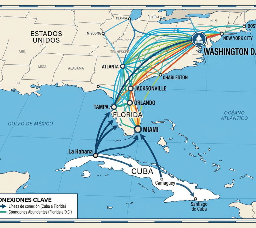 Mapa de conexiones entre Cuba, Florida y ciudades del este estadounidense