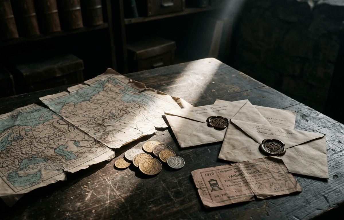 Worn maps, coins, sealed envelopes, and old tickets on a wooden table