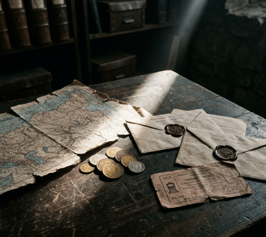 Worn maps, coins, sealed envelopes, and old tickets on a wooden table