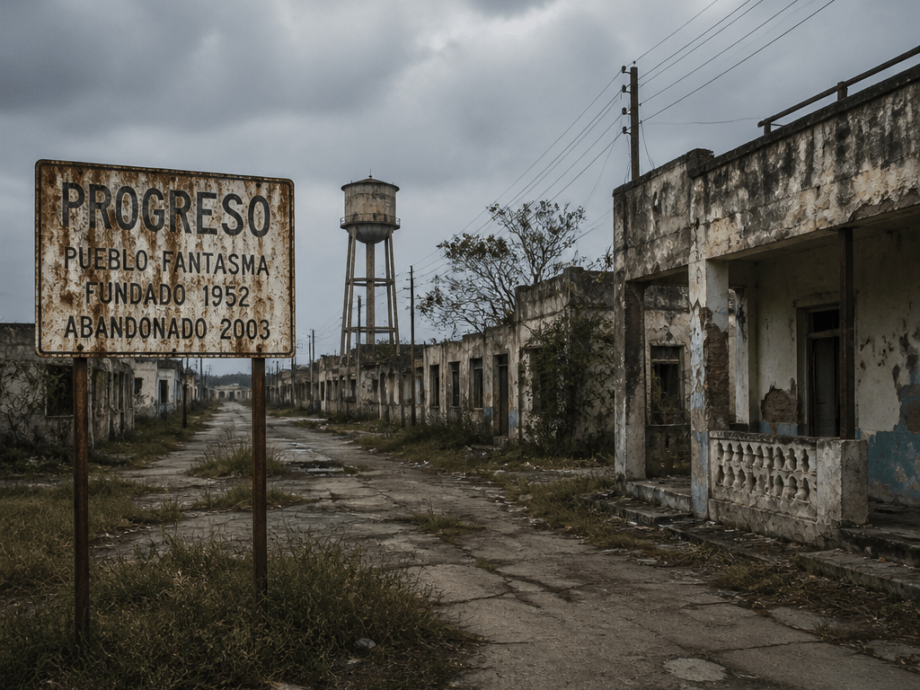 Weathered sign reading “PROGRESO PUEBLO FANTASMA FUNDADO 1952 ABANDONADO 2003”