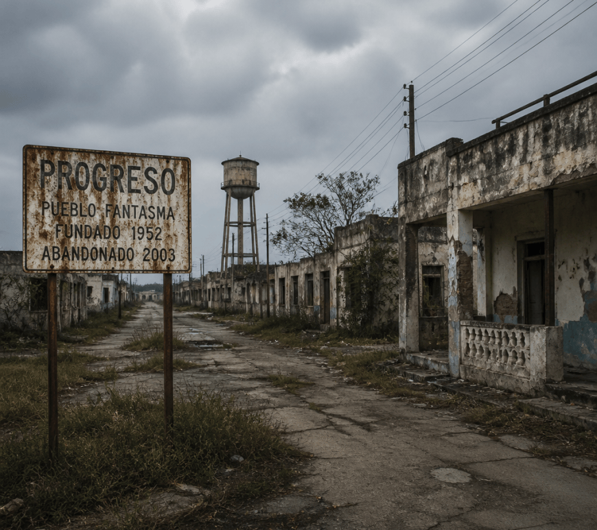 Weathered sign reading “PROGRESO PUEBLO FANTASMA FUNDADO 1952 ABANDONADO 2003”