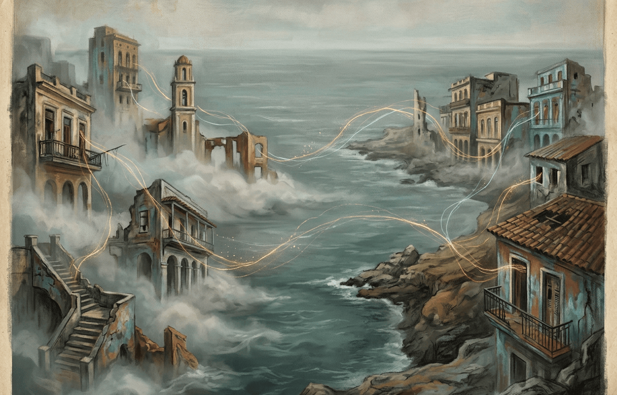 Misty coastal city with ruined buildings, turbulent water, and glowing light trails