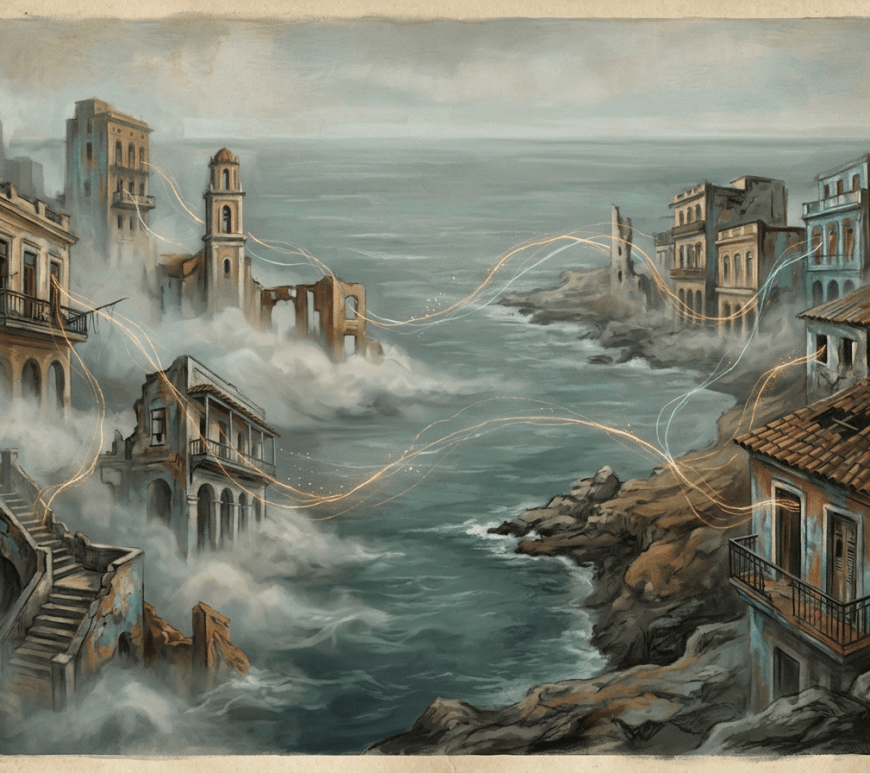 Misty coastal city with ruined buildings, turbulent water, and glowing light trails