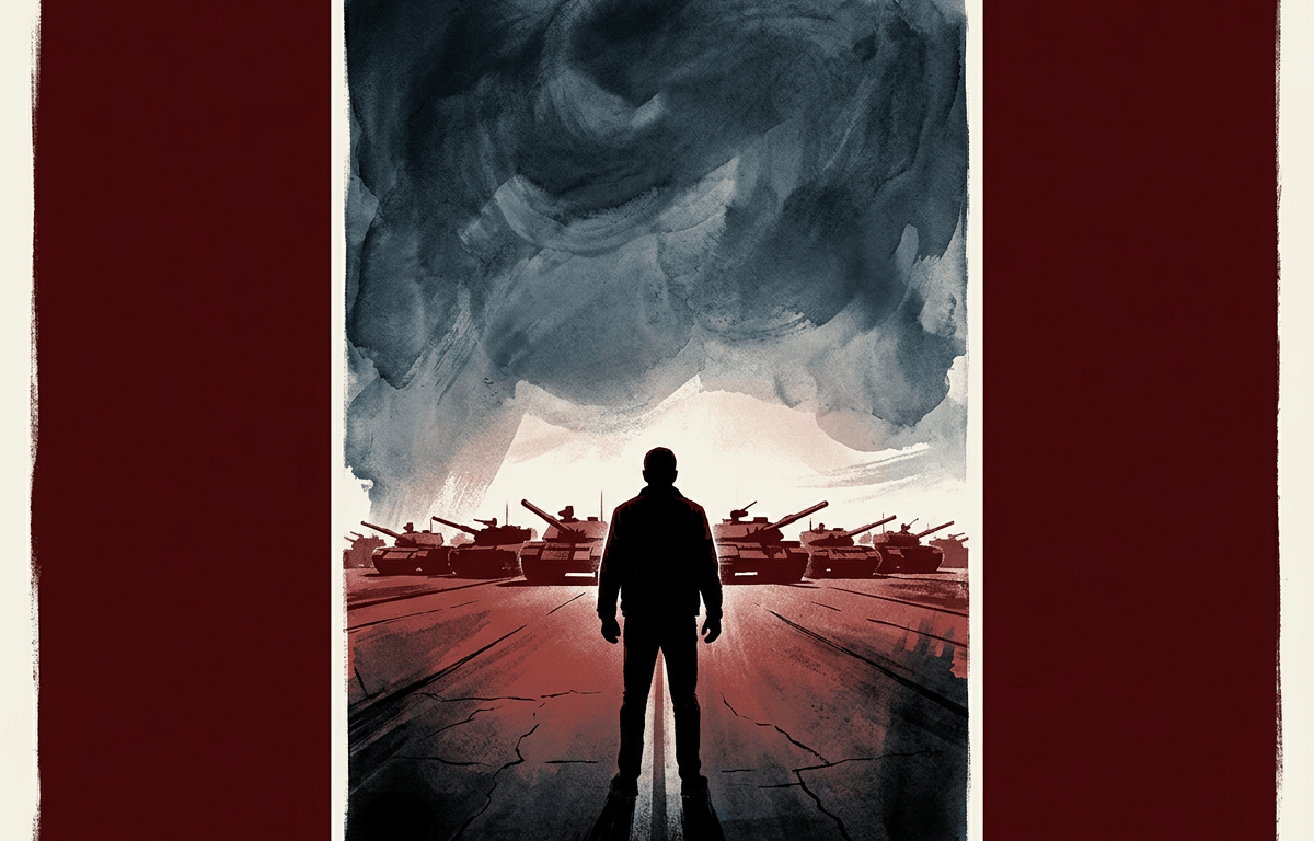 Silhouetted person facing tanks beneath a dark stormy sky