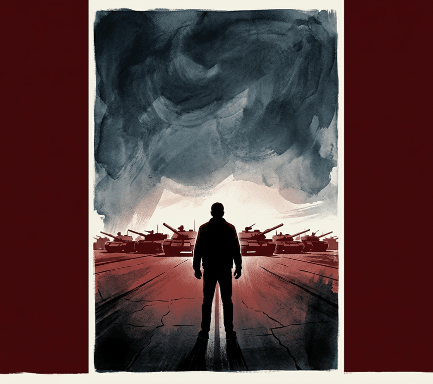 Silhouetted person facing tanks beneath a dark stormy sky