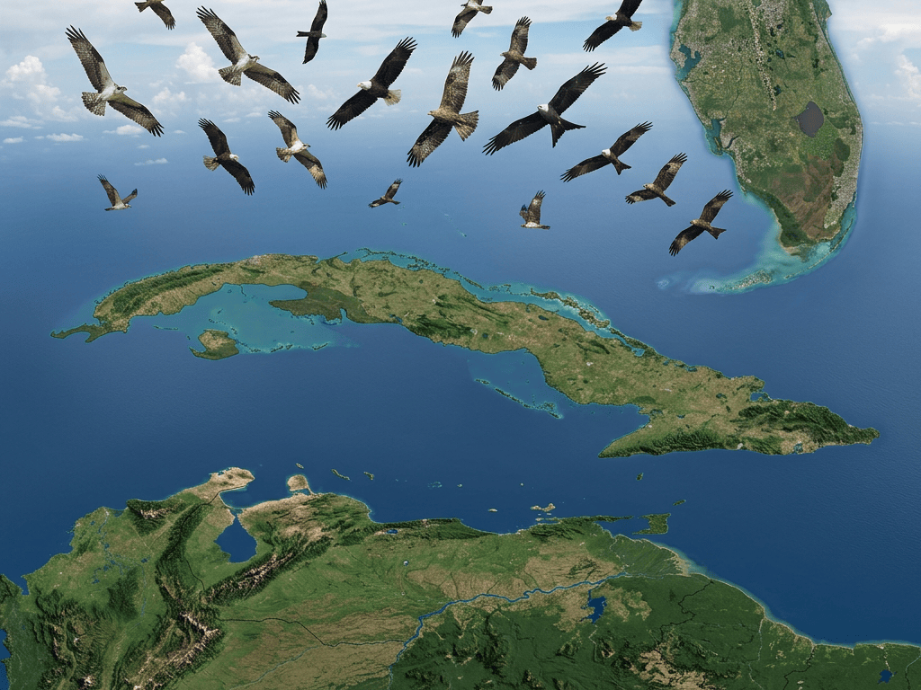 Flock of birds flying over a satellite map of the Caribbean