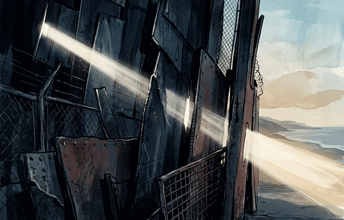 Sunlight shines through rusted metal fencing toward a beach and distant mountains