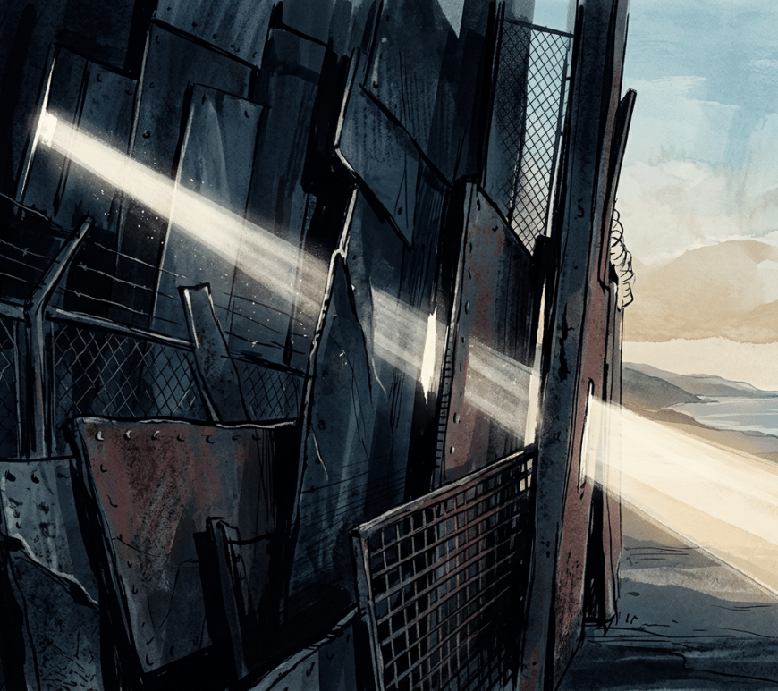 Sunlight shines through rusted metal fencing toward a beach and distant mountains