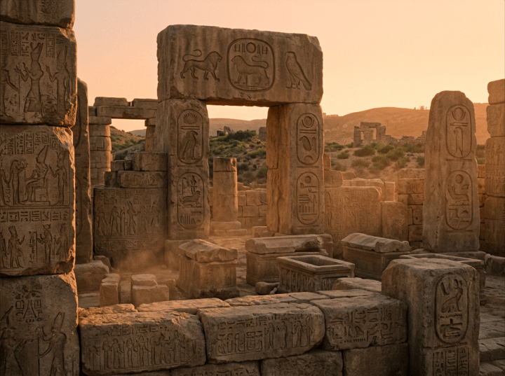 Hieroglyph-covered Egyptian temple ruins and stone gateways at sunset