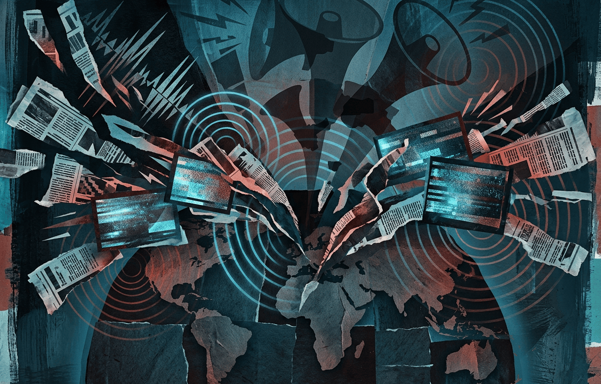 ilustración conceptual de estilo editorial que muestra periódicos fragmentados, señales de transmisión, pantallas digitales y megáfonos superpuestos y sombríos, todo ello convergiendo sobre un mapa mundial.