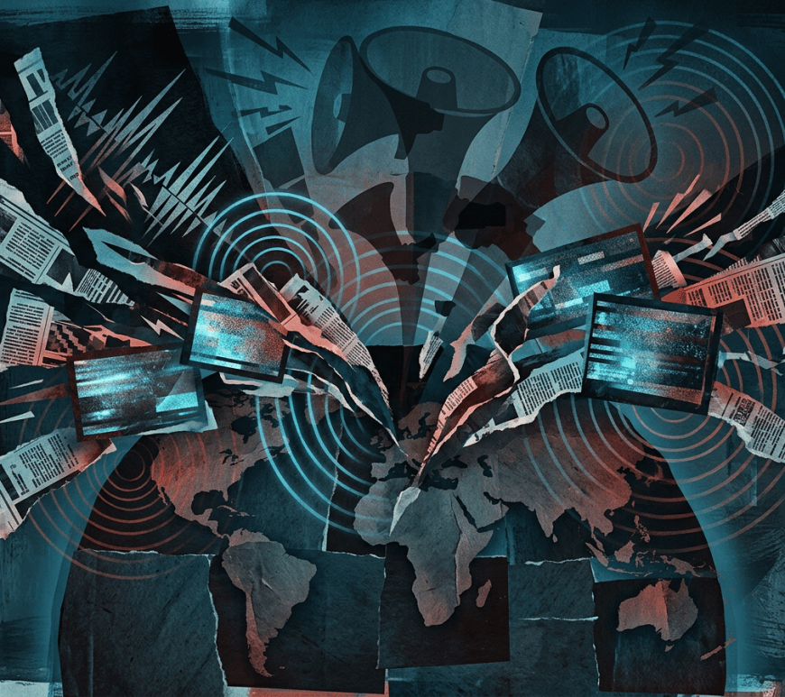 ilustración conceptual de estilo editorial que muestra periódicos fragmentados, señales de transmisión, pantallas digitales y megáfonos superpuestos y sombríos, todo ello convergiendo sobre un mapa mundial.