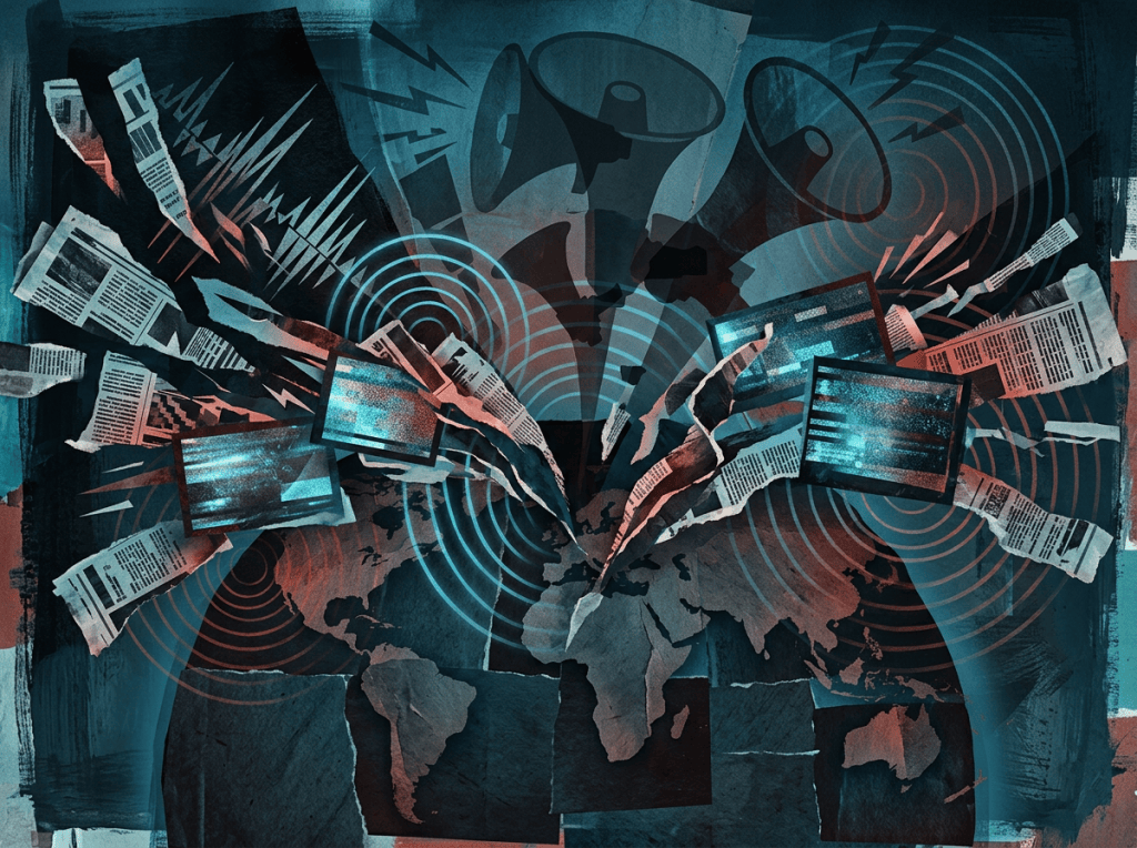 Collage of global map, newsprint, screens, megaphones, and broadcast signals