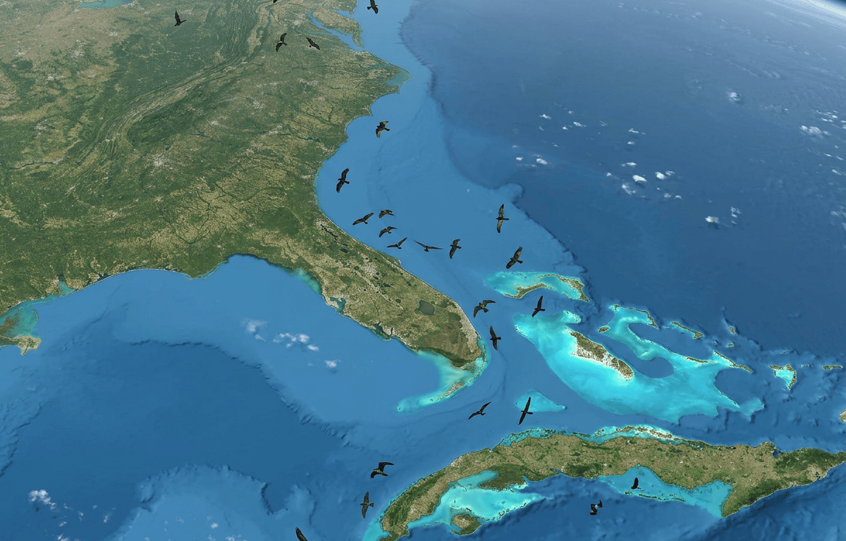 Aerial view of Florida, Cuba, the Bahamas, and flying birds