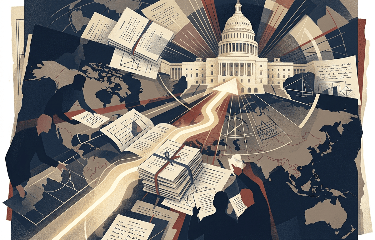 Illustration of the U.S. Capitol surrounded by maps, documents, and people