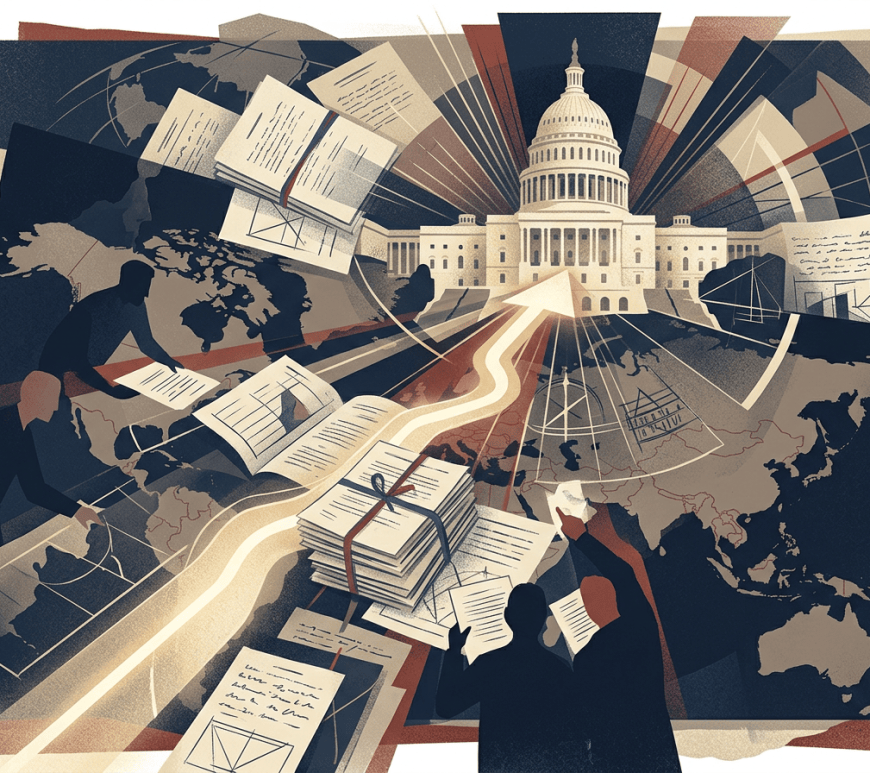 Illustration of the U.S. Capitol surrounded by maps, documents, and people