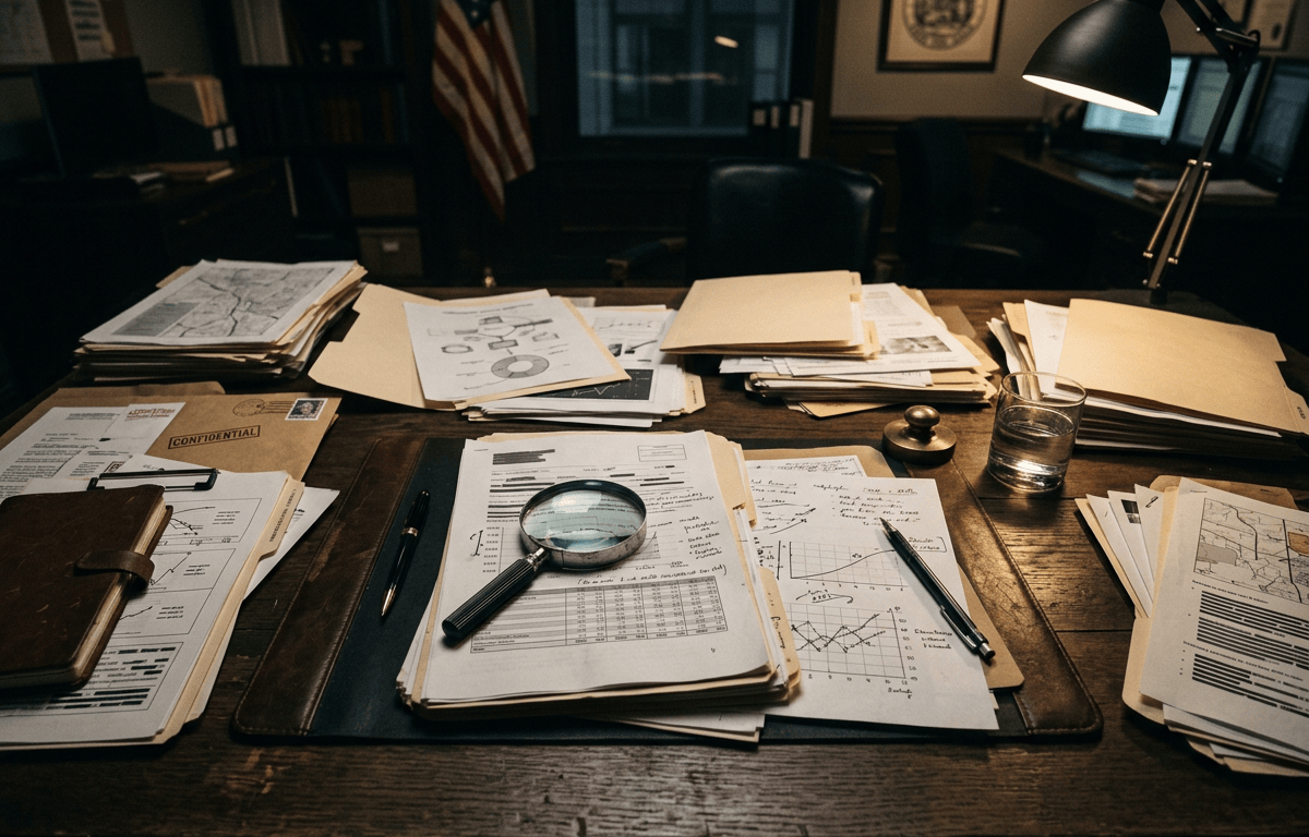 Desk covered with case files, maps, charts, magnifying glass, and American flag