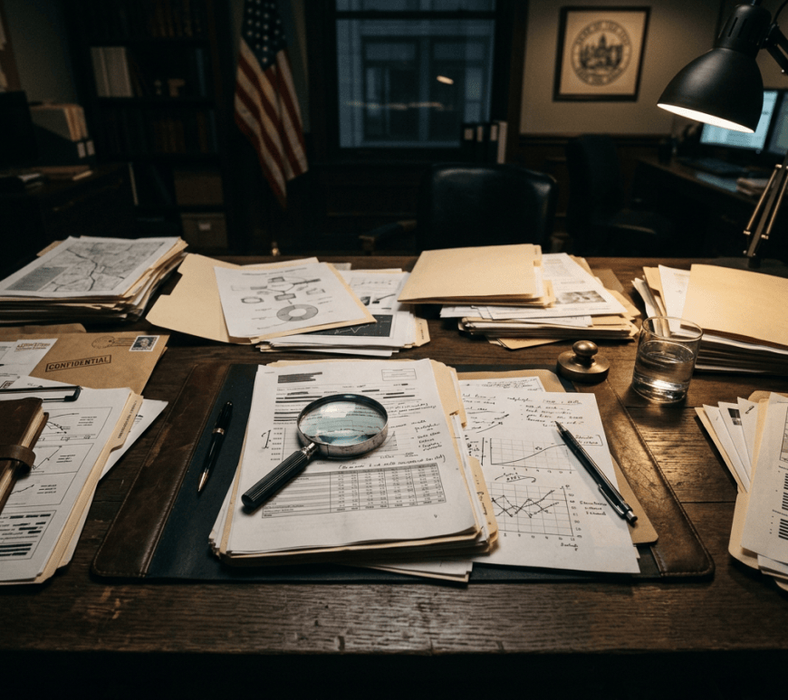 Desk covered with case files, maps, charts, magnifying glass, and American flag