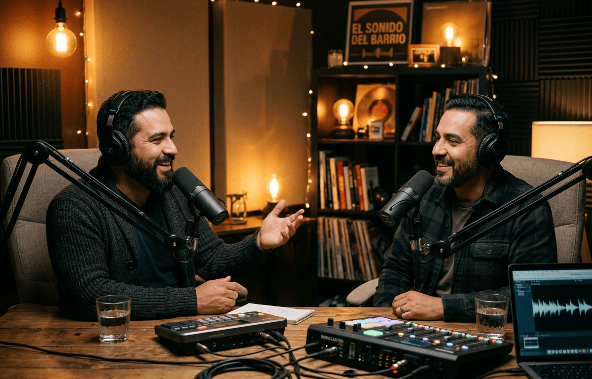 Two men recording a podcast; sign reads “EL SONIDO DEL BARRIO.”