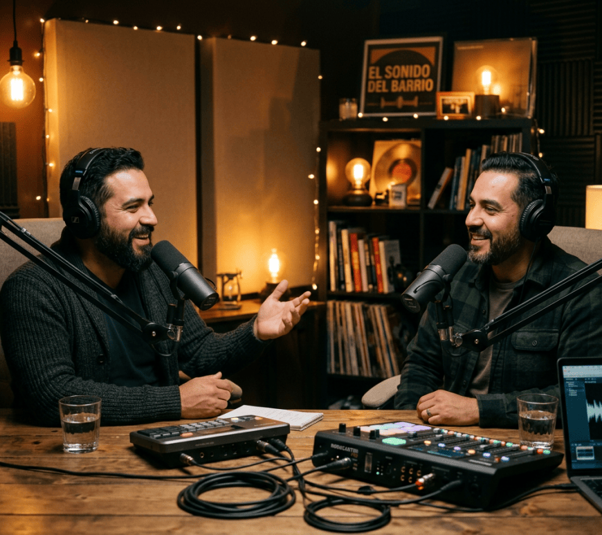 Two men recording a podcast; sign reads “EL SONIDO DEL BARRIO.”