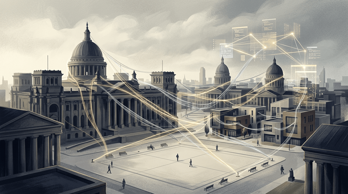 Domed civic buildings connected by glowing digital network lines