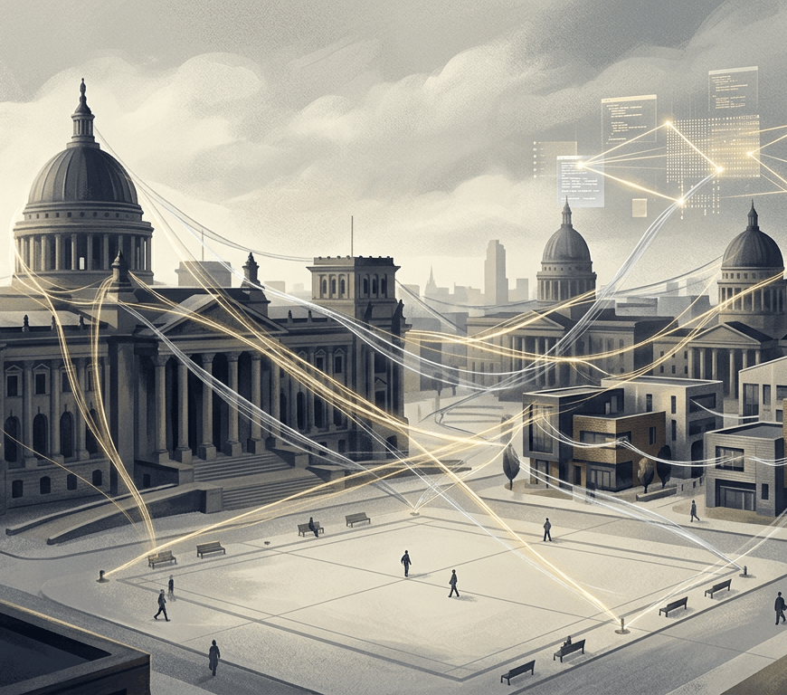Domed civic buildings connected by glowing digital network lines