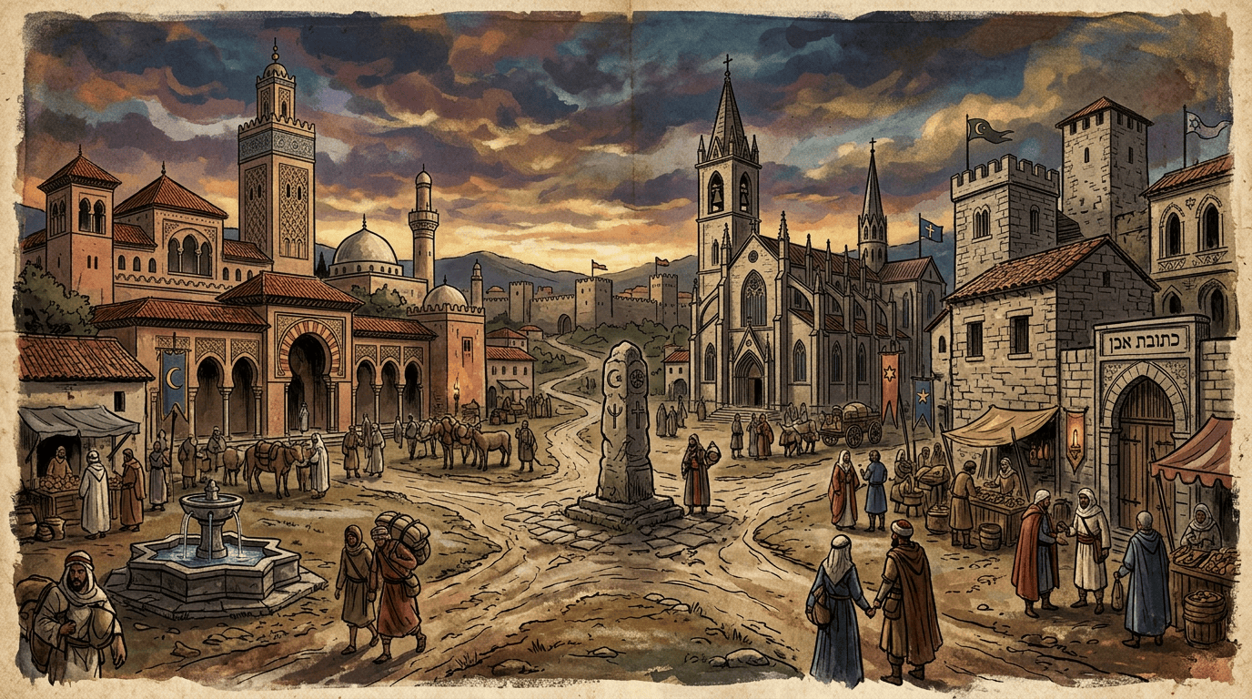 Illustrated medieval city with mosques, church, synagogue labeled כתובת אבן, and marketplace