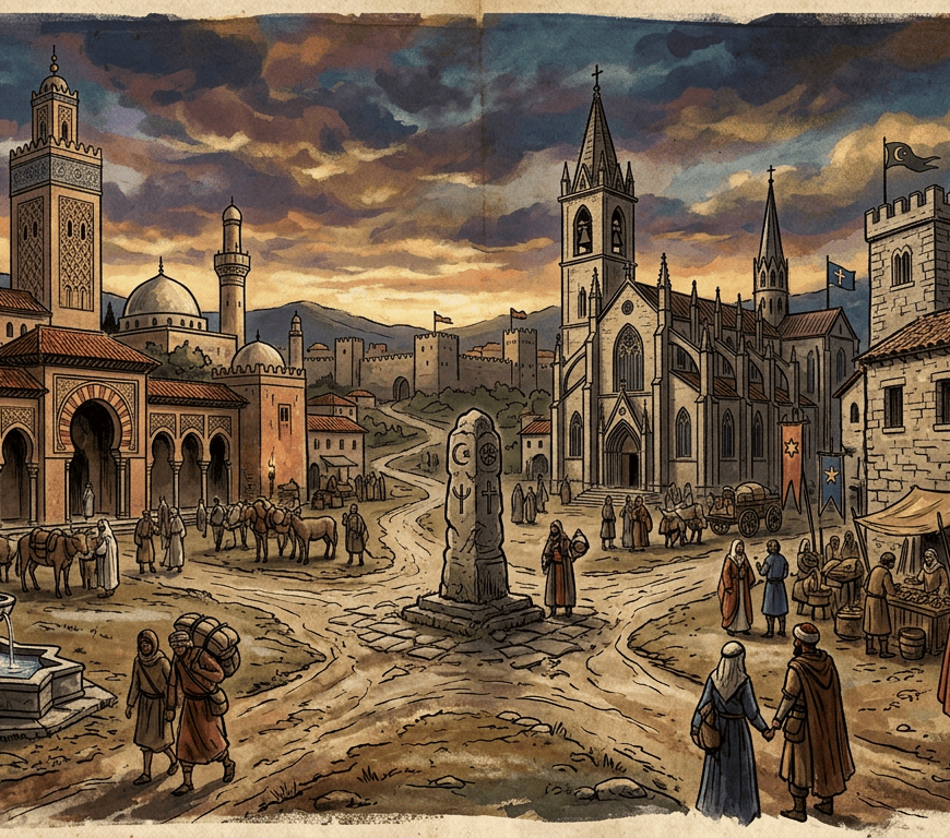 Illustrated medieval city with mosques, church, synagogue labeled כתובת אבן, and marketplace