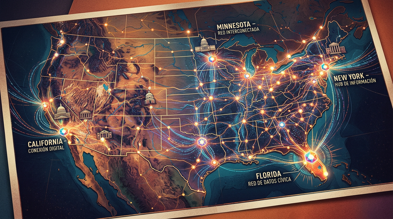 Mapa de Estados Unidos con textos: California, Minnesota, Nueva York y Florida, y redes digitales conectadas.