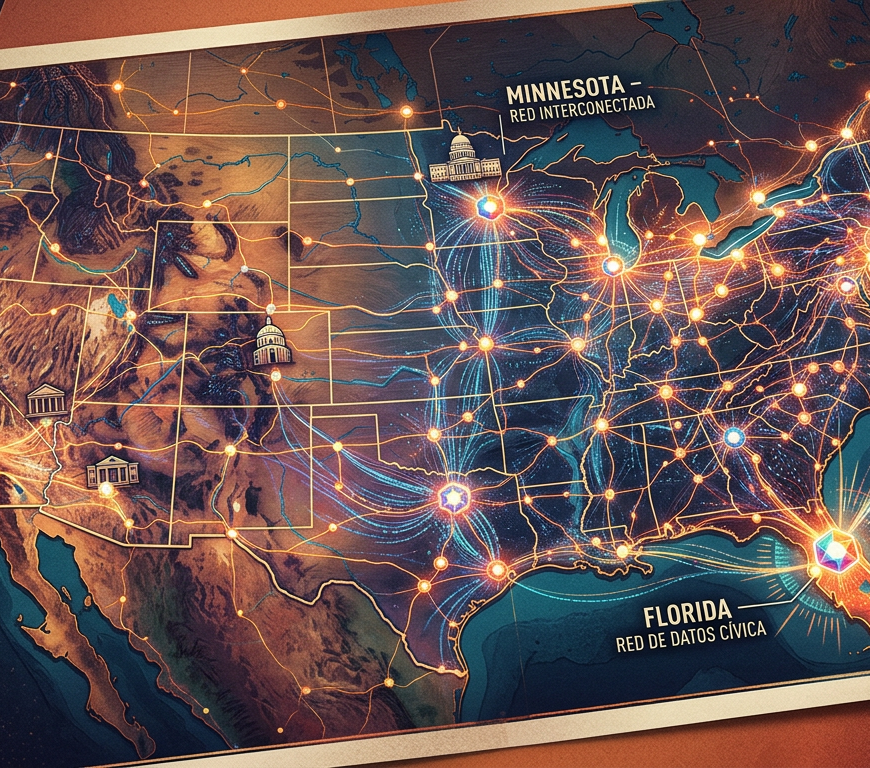 Mapa de Estados Unidos con textos: California, Minnesota, Nueva York y Florida, y redes digitales conectadas.