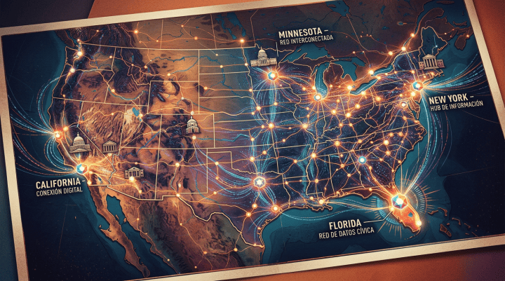 Mapa de Estados Unidos con textos: California, Minnesota, Nueva York y Florida, y redes digitales conectadas.